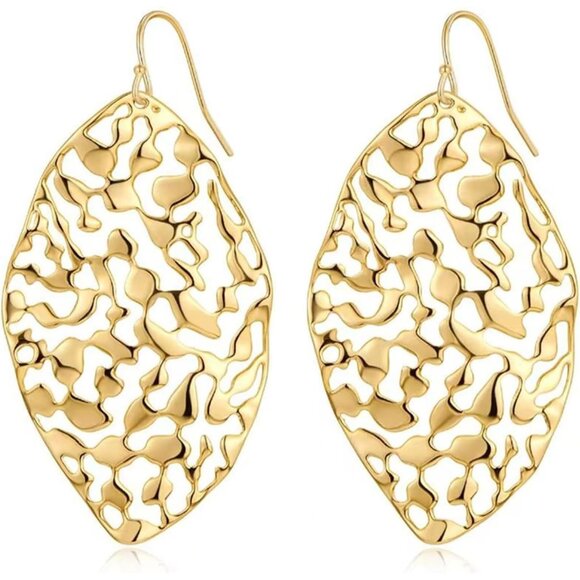 Big Gold Hollow Out Boho Geometric Hook Statement Gold Leaf Dangle Earrings - Picture 1 of 7